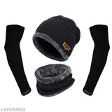 Red wool winter knit cap, beanie hat, scarf & gloves combo - multi-functional, outdoor-ready accessory set (India)