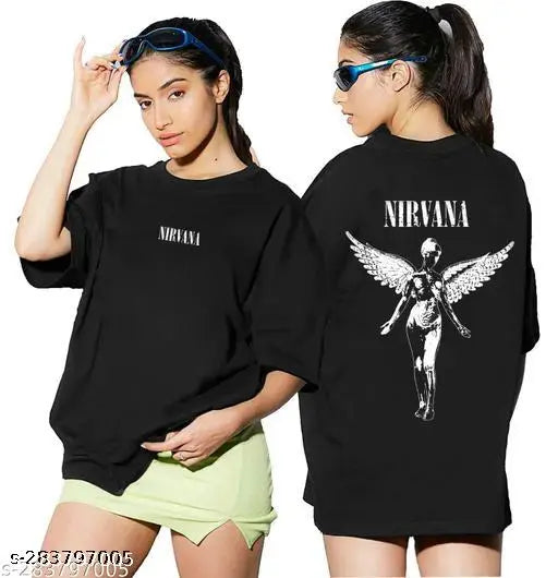 Oversized black t-shirt with "Nirvana" print, thin, lightweight fabric for women, casual style