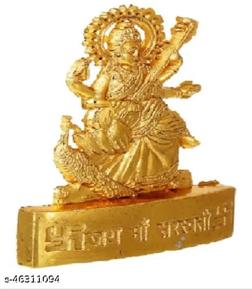 Golden plated, metal SARASWATI figurine (5.5cm x 8cm), Indian God Idol for home decor and temple interiors