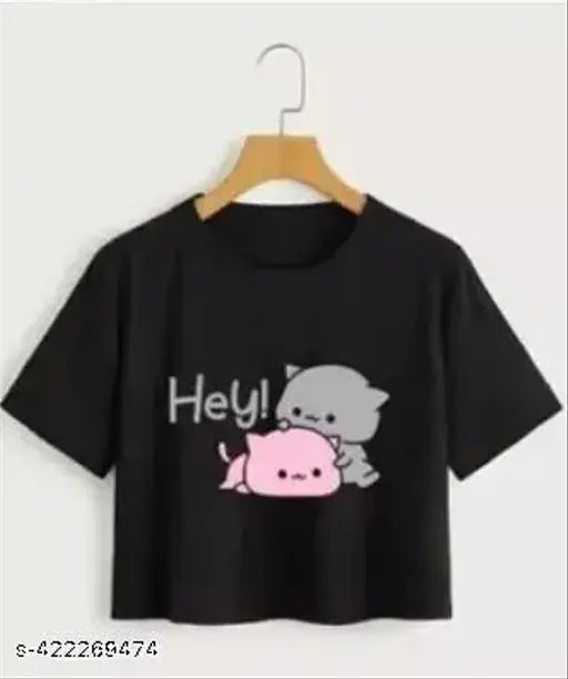 Fancy black cotton blend crop top with printed net pattern, short sleeves, size S for women