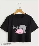 Fancy black cotton blend crop top with printed net pattern, short sleeves, size S for women