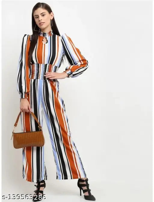 Striped crepe urbanic smoking jumpsuit, long sleeves, keyhole neck and puff sleeves, elegant partywear from India