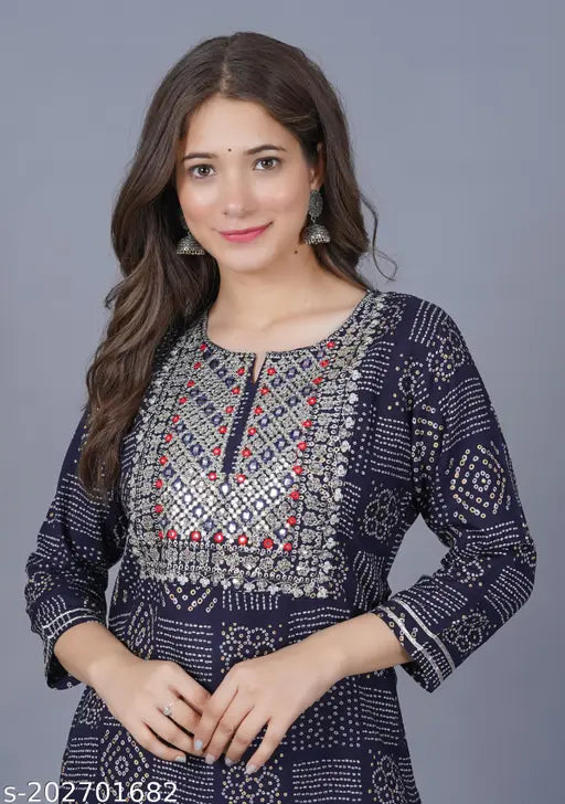 Woman Rayon Embroidery Work Bandhani Print Kurta | Pack- 1 Kurta Only
