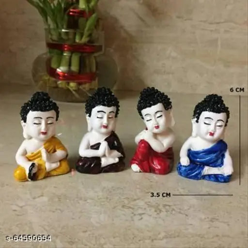 Colorful polyresin set of 8 baby Buddha & monk figurines for home/office decor. Great for Christmas, Diwali, Vaastu, Fengshui, and gifting. Meditating Buddha and laughing Buddha showpiece figurines in various colors