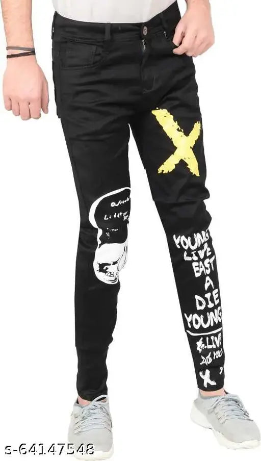 Black denim slim fit men's printed jeans by Slap, size 28/30/32/34. Indian-made, features placement print on black fabric