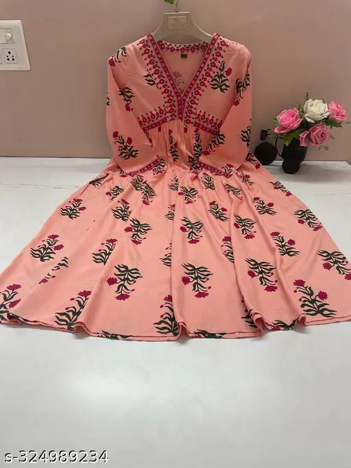 Peach anarkali kurta with rose print, fitted sleeves, long skirt, traditional ethnic wear