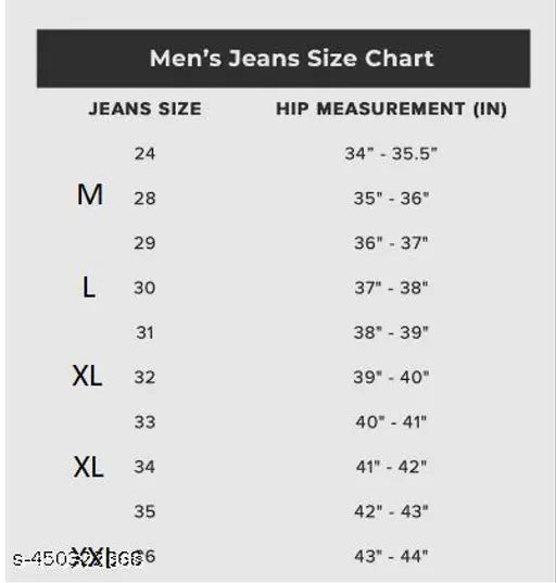 Men's stretch denim jeans size chart - jeans waist size 28-36, length size 29-35, inseam measurement 30-44 inches