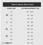 Men's stretch denim jeans size chart - jeans waist size 28-36, length size 29-35, inseam measurement 30-44 inches
