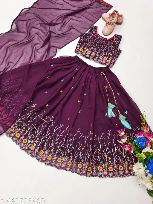 Georgette lehenga cholis for girls, embroidered and stitched net, 2-7 years