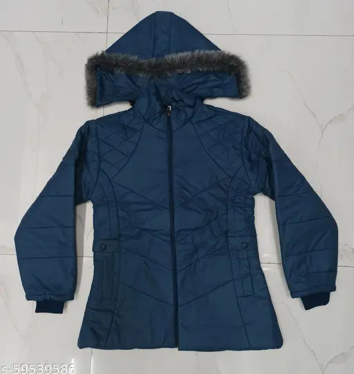 Black jacket with fur hood, zip front, full sleeves