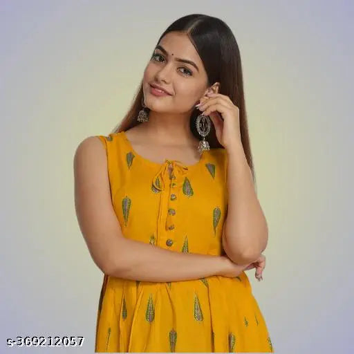 Yellow rayon sleeveless anarkali kurti with tilak print, Indian traditional fashion
