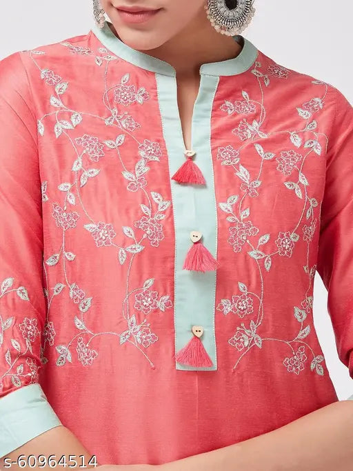 Art Silk embroidered kurta with palazzos, single set in sizes S, M, XL, XXL. Indian traditional women's fashion accessory on display