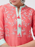 Art Silk embroidered kurta with palazzos, single set in sizes S, M, XL, XXL. Indian traditional women's fashion accessory on display