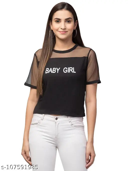 Viscose Juliet sleeve baby girl print women's top, short sleeves, versatile style. Indian-made hosiery crop-top with elastic cuffs and playful print