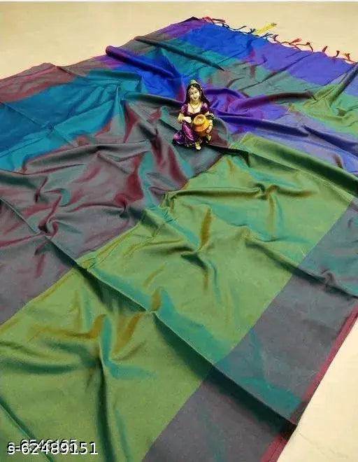 Nightblue cotton silk sari, colorblocked net, single free size Indian saree with running blouse