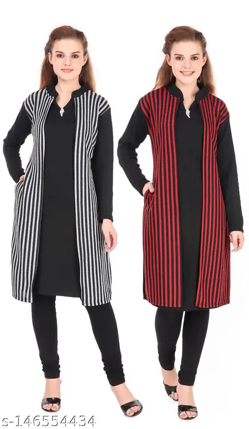 Women's long sleeves blazer with kameez and pants set. Black, red, white checkered pattern on blazer, black and red patterned kameez, black pants