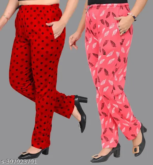 Red cotton print pyjama pants with lower legs, relaxed fit, for women