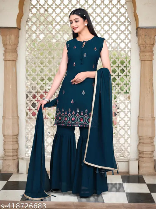 Navy blue georgette kameez and palazzo set, embroidered sleeves, side tie closures