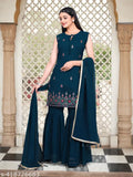 Navy blue georgette kameez and palazzo set, embroidered sleeves, side tie closures