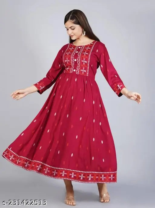 Red printed blend fabric straight kameez kurta with embroidery border