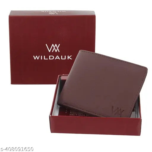 Brown artificial leather men's wallet with 10 card slots, solid pattern, compact size (L:12cm, W:9cm), durable with additional photo and card sleeves