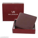 Brown artificial leather men's wallet with 10 card slots, solid pattern, compact size (L:12cm, W:9cm), durable with additional photo and card sleeves