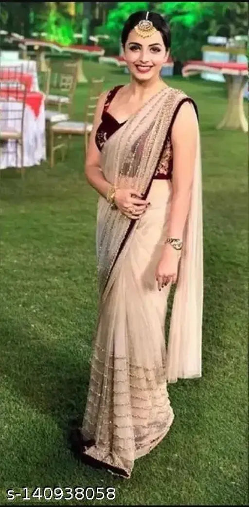 Embroidered velvet net saree with running blouse, free size, Indian origin