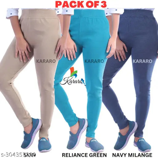 Cotton blend, lightweight KARARO jeggings pack of 3 - Solid color, hoseiyar cotton waste recycled fabric, suitable for various sizes from 26 to Free Size. Made in India