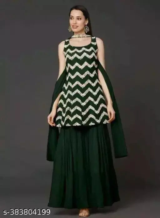 Green, chevron-patterned dupatta with matching kurta and sharara set