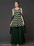 Green, chevron-patterned dupatta with matching kurta and sharara set