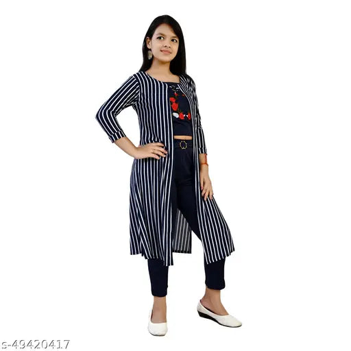 Navy stripe cotton blend three-quarter sleeve top set with matching mask and ankle-length pant for girls' fashion, ages 8-12 years, India origin