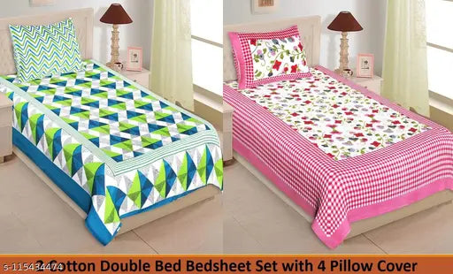 Cotton single bed bedsheet combo pack with 4 pillows, set of 2