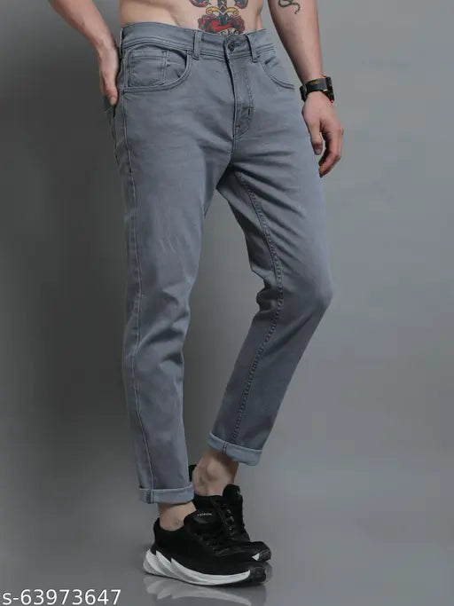 Solid grey denim jeans for men, Regrowth brand, slim fit, ideal for bowling or casual outings