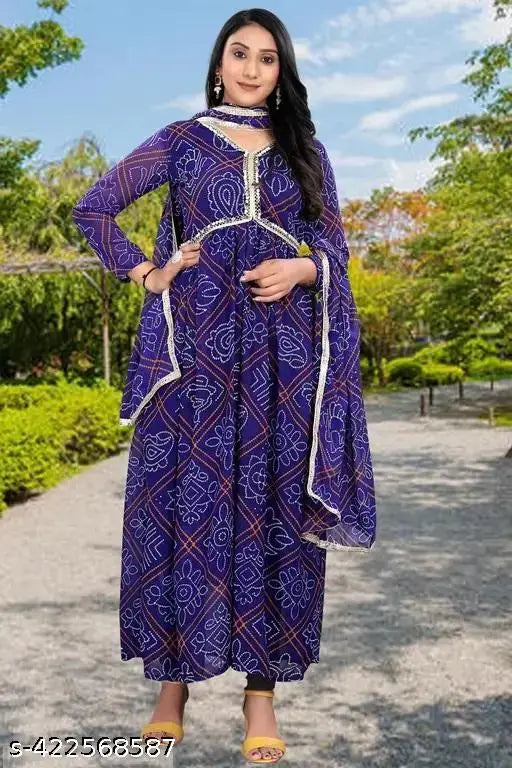 Georgette, heavy-weight Less Bandhi Aaliya gown with less border dupatta set, Indian print design on long sleeves