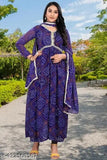 Georgette, heavy-weight Less Bandhi Aaliya gown with less border dupatta set, Indian print design on long sleeves
