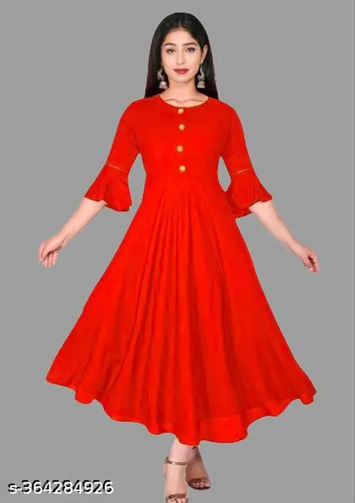 Rayon fit and flare womens solid round flared bell sleeve kurti with three-quarter sleeves, India origin