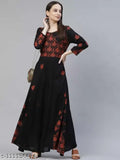 Blue, long, mid-calf length A-line dress with floral pattern
