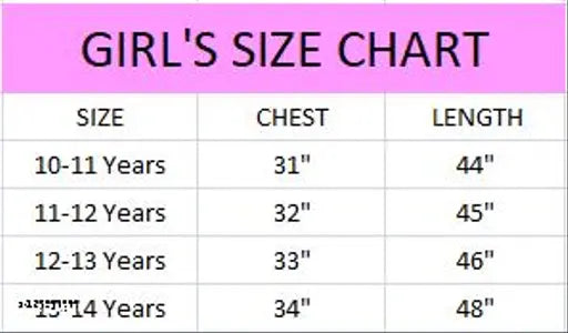 The image displays a size chart with sizing options ranging from 0 to 12, and specific sizes labeled as 'size', 'chest', 'length', and age groups including infants