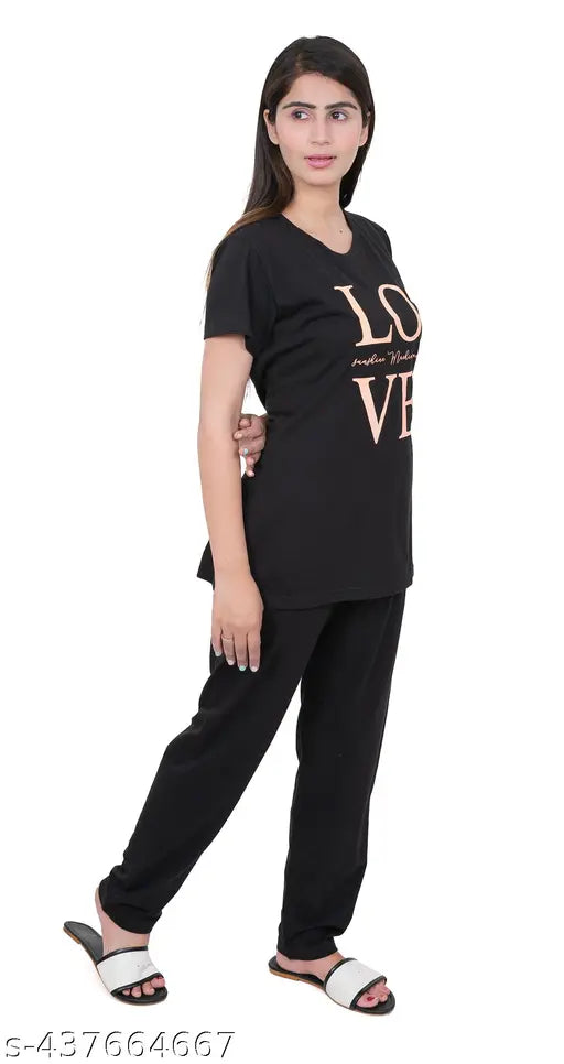 Cotton blend women's nightsuit set, printed pattern casual wear co ord round neck top & pyjamas by E-MAX