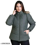 Winter grey nylon jacket, long sleeves, solid design, size L (bust 40in, length 28in), made in India