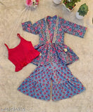 Bright, printed cotton Innersharara jacket style kurti set for young girls. Traditional ethnic look with vibrant floral print and Gota lace
