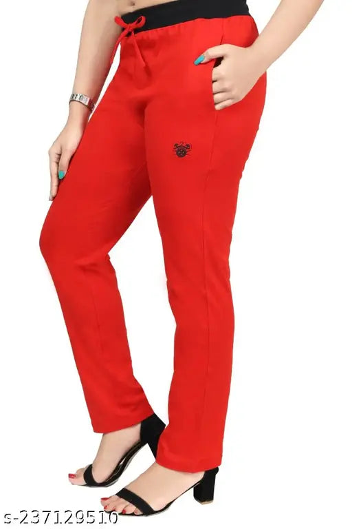 Bright red women's cotton track pants, elastic waistband, side pockets