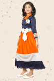 A blue pink white cotton party wear frock for kids' clothing, with a matching sari and dupatta set, in sizes suitable for ages 23-91 years