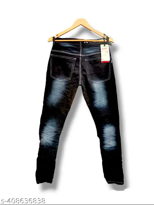 Dark blue distressed denim jeans, mid-rise, medium wash