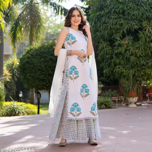 Cotton Vidusha Sleeveless Kurti Sharara Set with Dupatta and bottomwear, printed pattern, available in sizes XXS-XXL