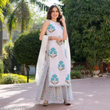 Cotton Vidusha Sleeveless Kurti Sharara Set with Dupatta and bottomwear, printed pattern, available in sizes XXS-XXL