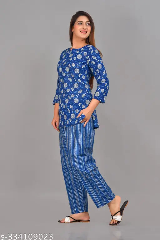 Pure cotton women's co-ord set/night suit with three-quarter sleeves, printed pattern, limited edition premium cotton top and pyjamas