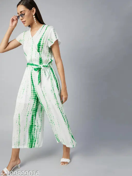Green tie-dye rayon women's jumpsuit, short sleeves, StyleStone brand