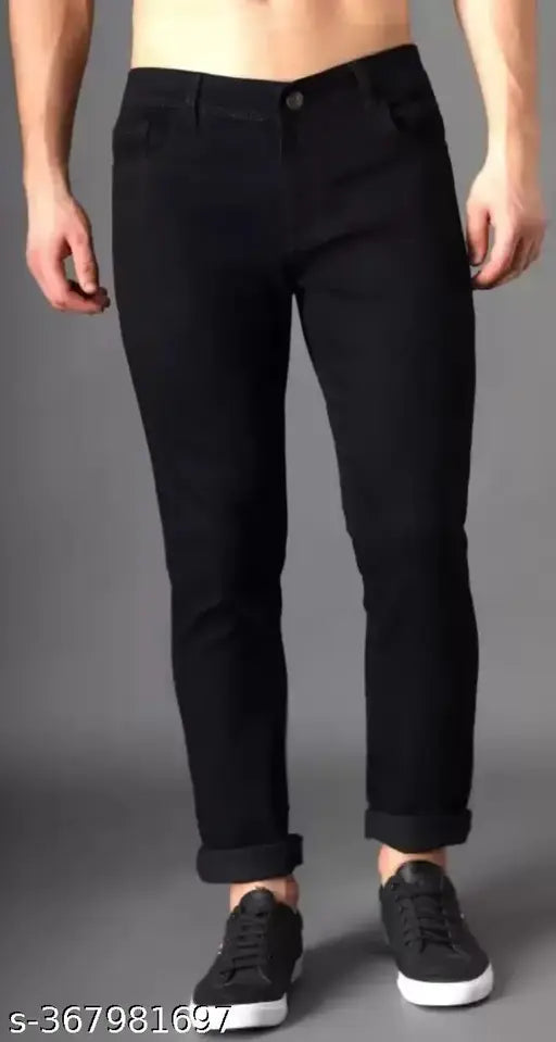 Black cotton Hopewell men's jeans regular fit, dyed/washed style for size 28 (waist 28in, length 41in, hip 35in), worn by model