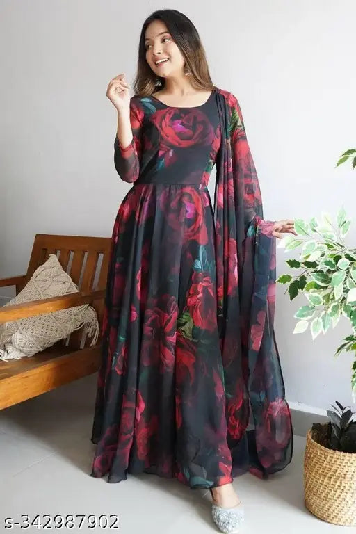Black Flower 2 Georgette dress with three-quarter sleeves, printed net design. Women's size S-XXL, Indian origin